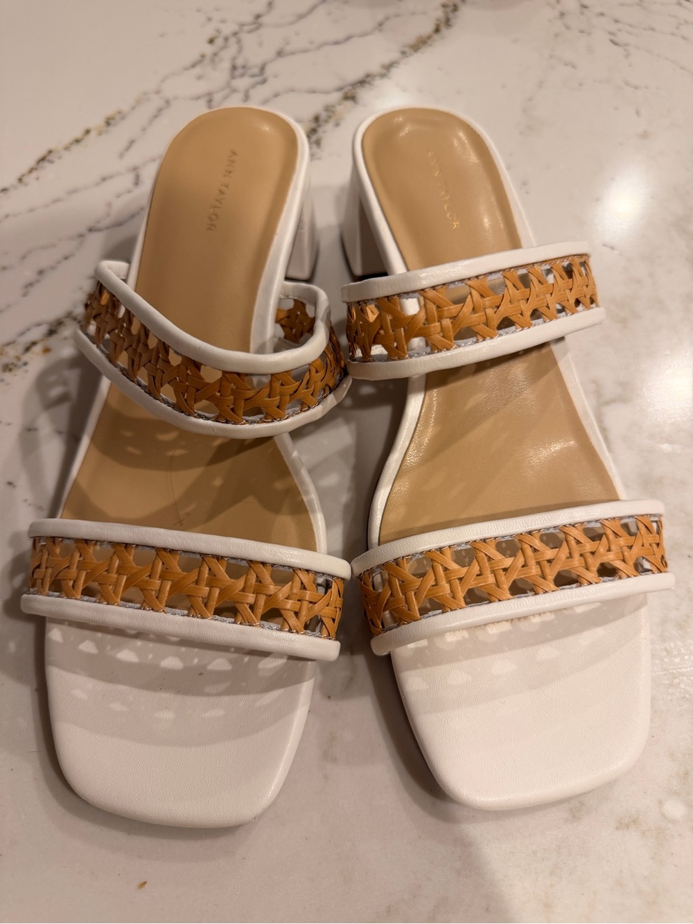 Worn 1x, Ann Taylor White and Tan Braided Strap Sandals, SZ 8